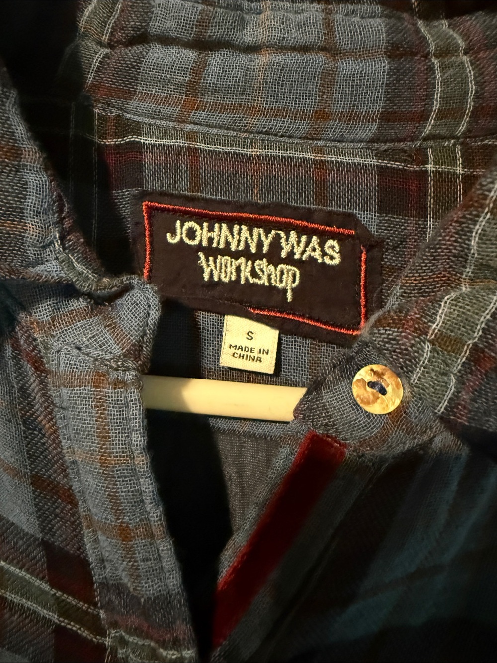 Johnny Was Blue Plaid Long-Sleeve Shirt Dress with Red Velvet Trim
